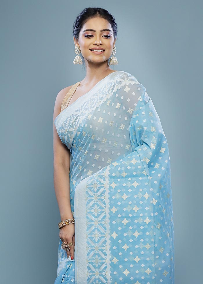 Blue Kora Silk Saree With Blouse Piece - Indian Silk House Agencies