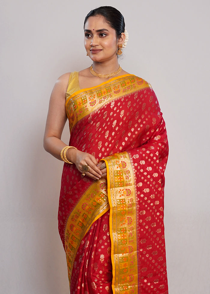 Red Dupion Silk Saree With Blouse Piece - Indian Silk House Agencies