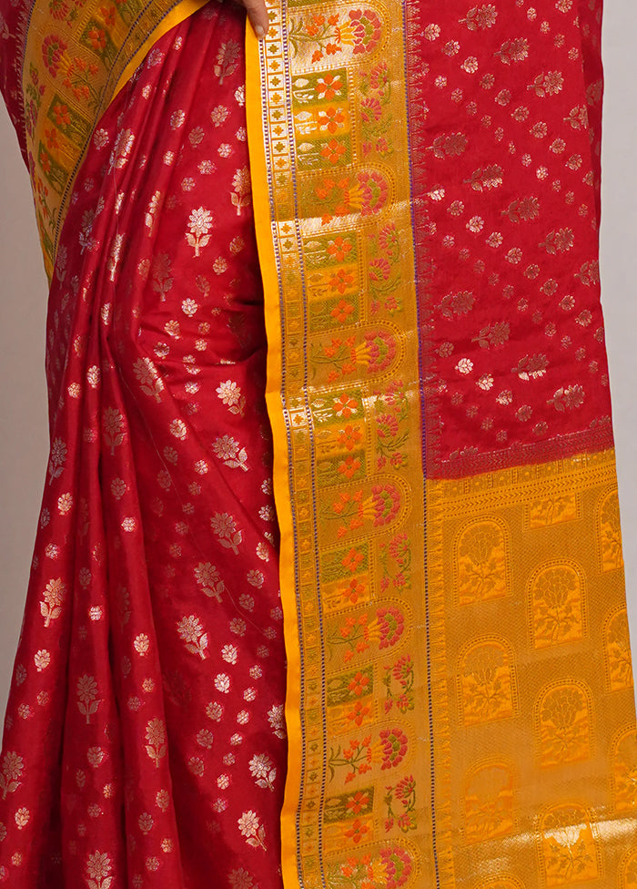 Red Dupion Silk Saree With Blouse Piece - Indian Silk House Agencies