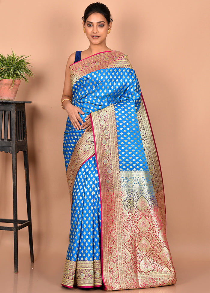 Blue Banarasi Silk Saree With Blouse Piece - Indian Silk House Agencies