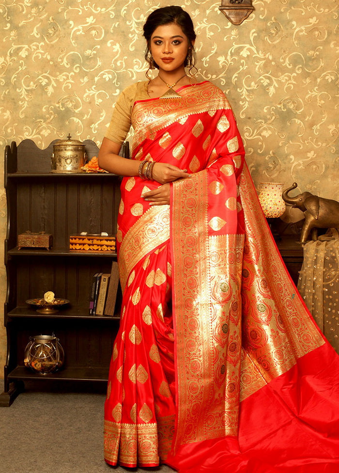 Red Banarasi Silk Saree With Blouse - Indian Silk House Agencies