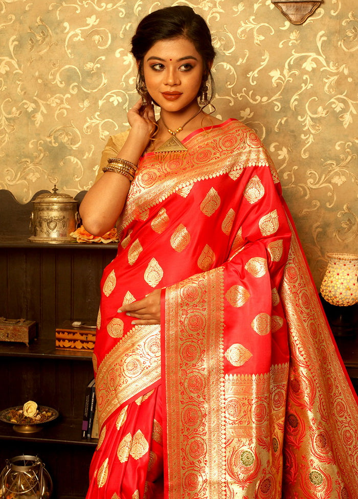 Red Banarasi Silk Saree With Blouse - Indian Silk House Agencies