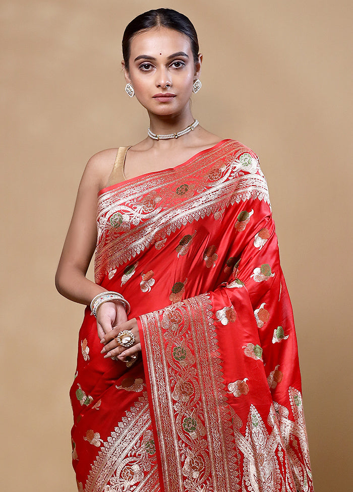 Red Banarasi Silk Saree With Blouse Piece