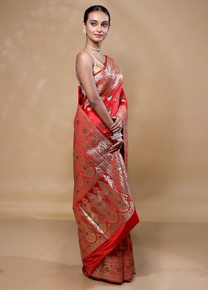 Red Banarasi Silk Saree With Blouse Piece