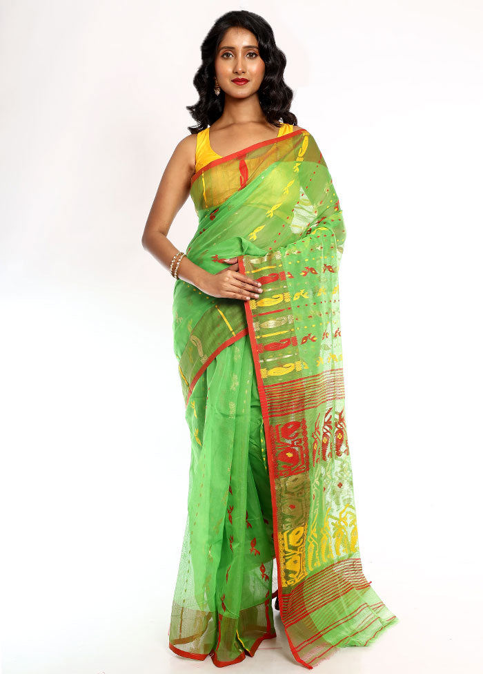 Green Tant Jamdani Saree Without Blouse Piece - Indian Silk House Agencies