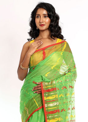 Green Tant Jamdani Saree Without Blouse Piece - Indian Silk House Agencies