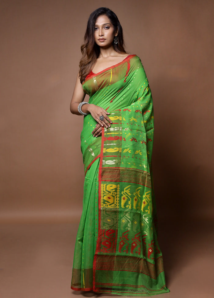 Green Tant Jamdani Saree Without Blouse Piece - Indian Silk House Agencies