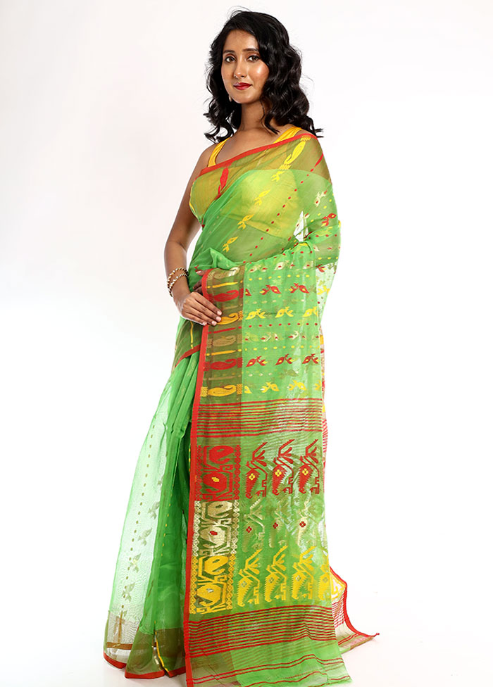 Green Tant Jamdani Saree Without Blouse Piece - Indian Silk House Agencies