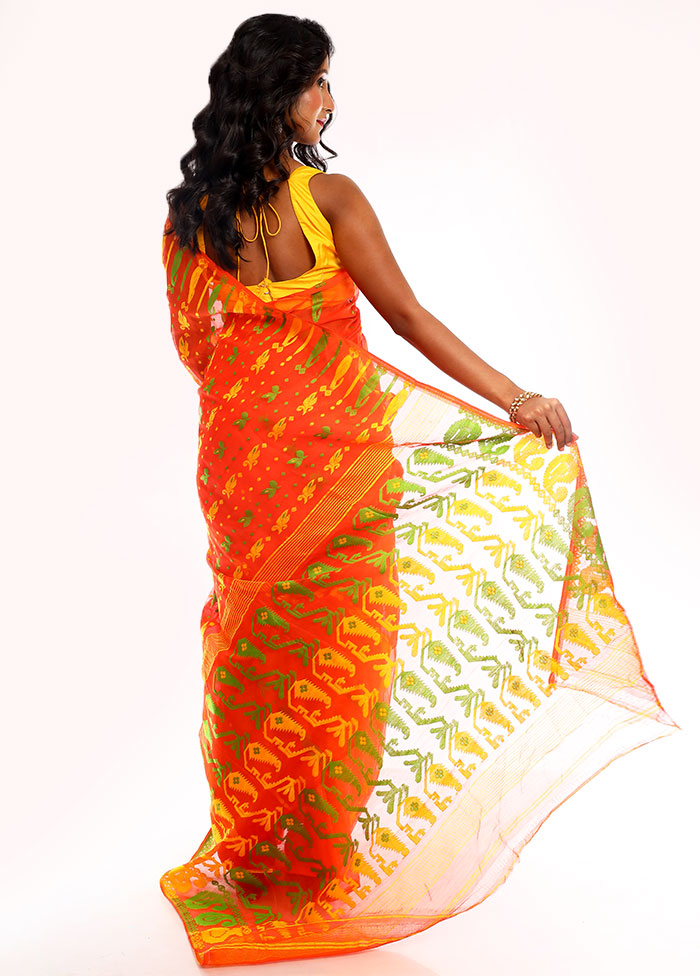 Orange Tant Jamdani Saree Without Blouse Piece