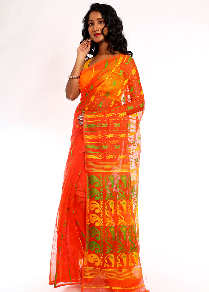 Orange Tant Jamdani Saree Without Blouse Piece
