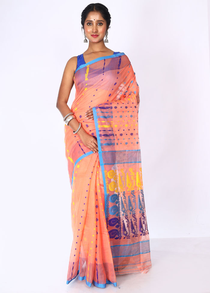 Peach Tant Jamdani Saree Without Blouse Piece - Indian Silk House Agencies