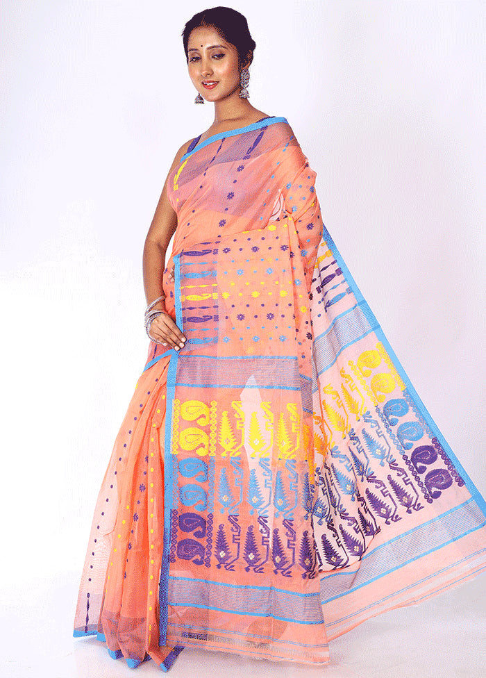 Peach Tant Jamdani Saree Without Blouse Piece - Indian Silk House Agencies