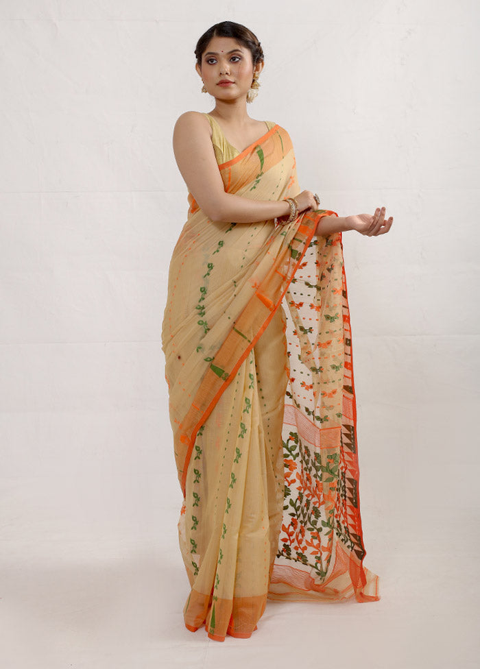 Cream Tant Jamdani Saree Without Blouse Piece - Indian Silk House Agencies