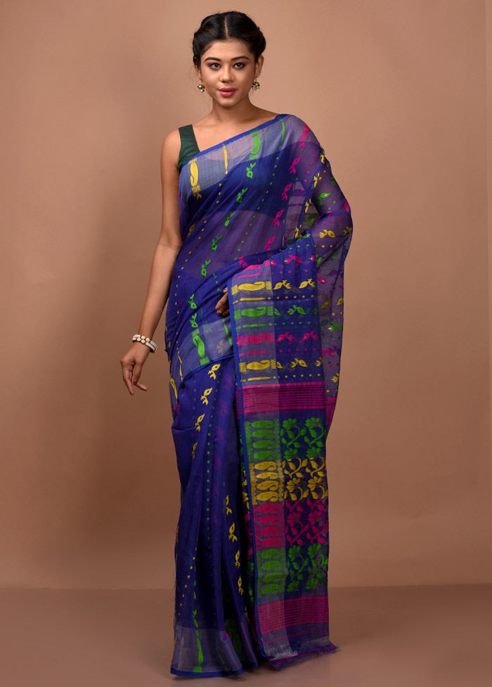 Navy Blue Tant Jamdani Saree Without Blouse Piece - Indian Silk House Agencies