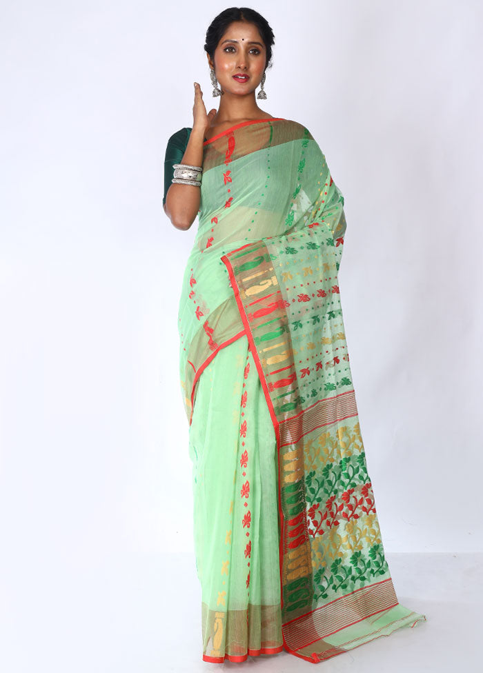 Mint Green Tant Jamdani Saree Without Blouse Piece - Indian Silk House Agencies