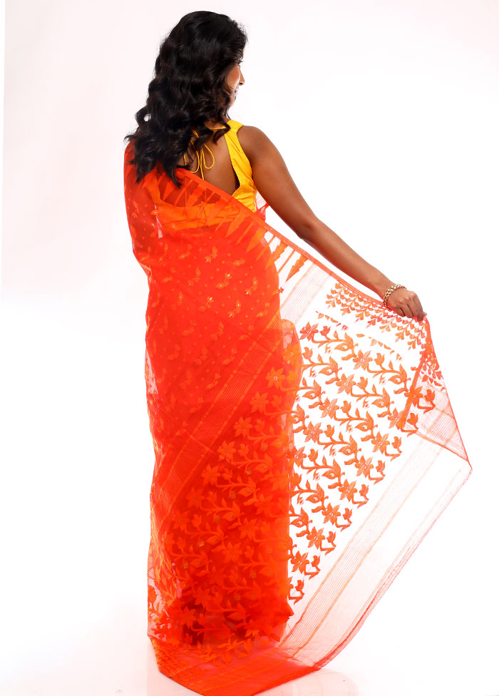 Orange Tant Jamdani Saree Without Blouse Piece - Indian Silk House Agencies