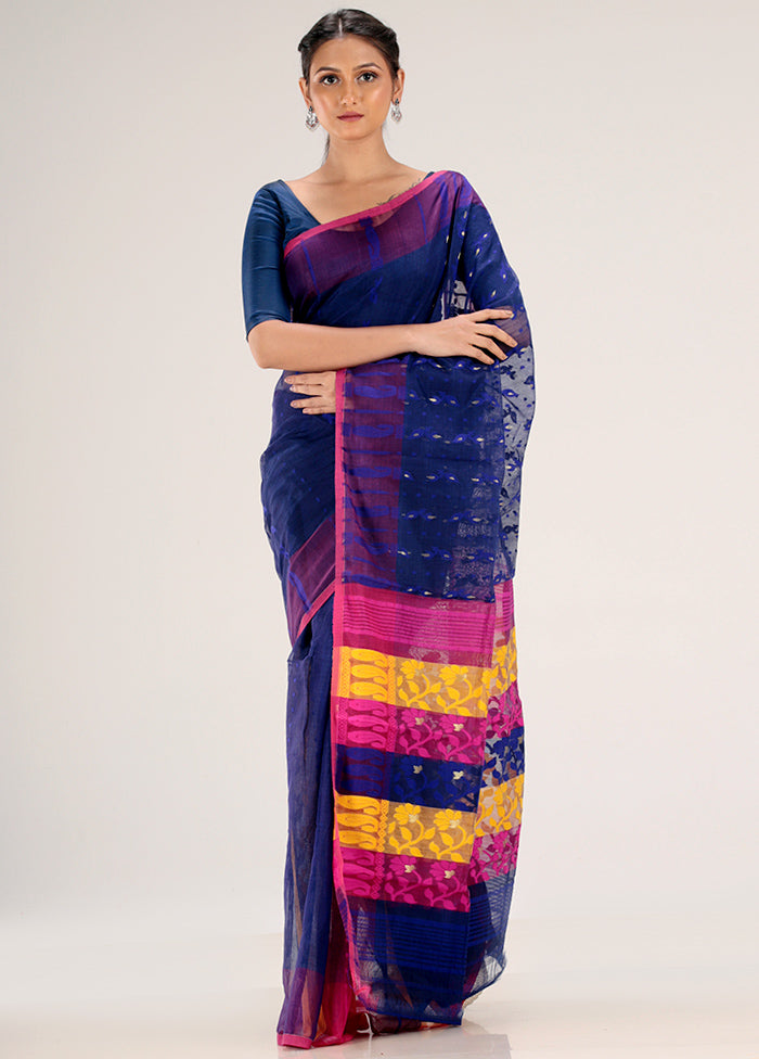 Blue Tant Jamdani Saree Without Blouse Piece - Indian Silk House Agencies