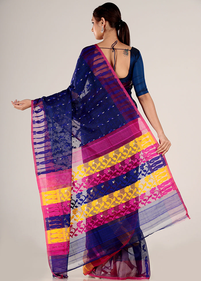 Blue Tant Jamdani Saree Without Blouse Piece - Indian Silk House Agencies