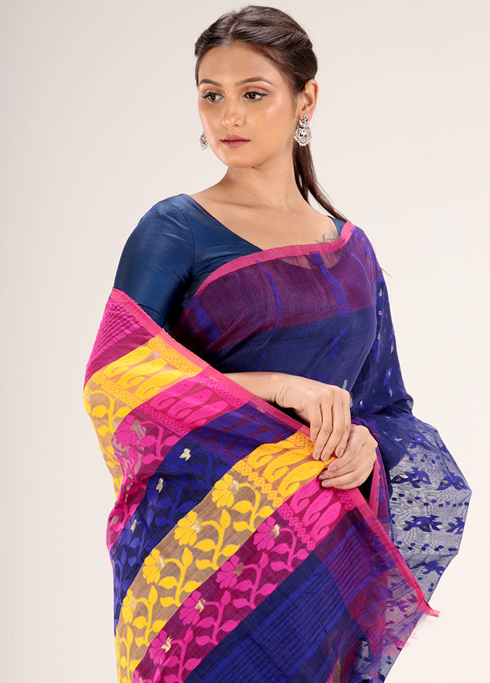 Blue Tant Jamdani Saree Without Blouse Piece - Indian Silk House Agencies