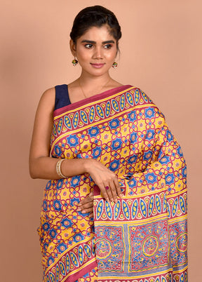 Yellow Printed Pure Silk Saree Without Blouse - Indian Silk House Agencies