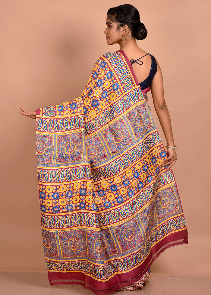 Yellow Printed Pure Silk Saree Without Blouse - Indian Silk House Agencies