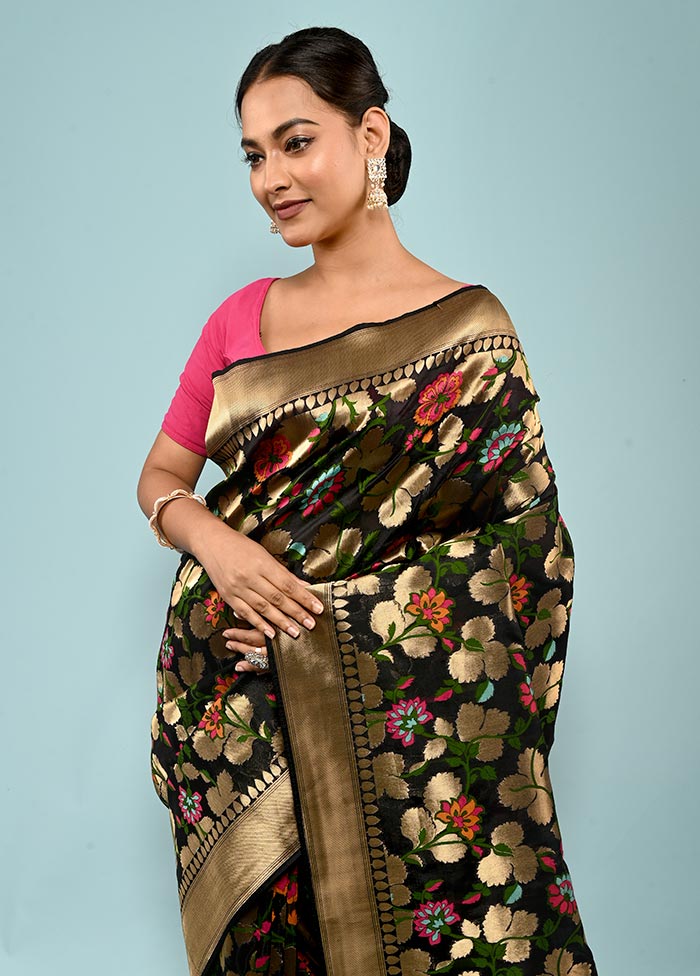 Black Dupion Silk Saree With Blouse Piece - Indian Silk House Agencies