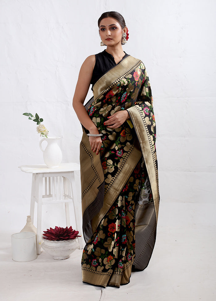 Black Dupion Silk Saree With Blouse Piece - Indian Silk House Agencies