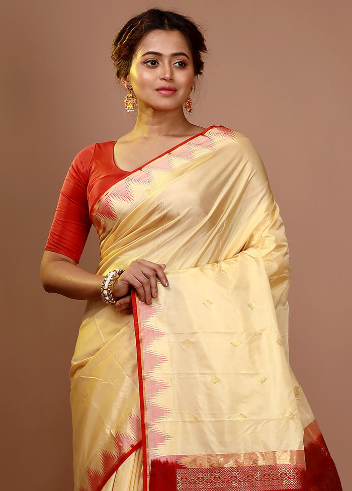 Light Yellow Kanjivaram Silk Zari Woven Saree With Blouse Piece - Indian Silk House Agencies