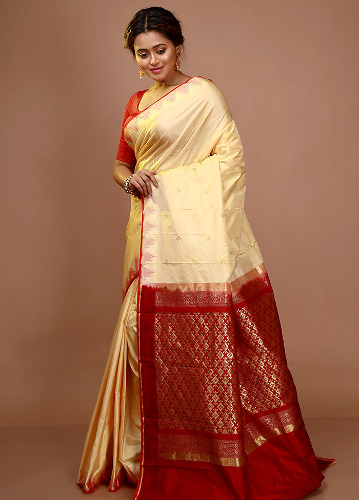 Light Yellow Kanjivaram Silk Zari Woven Saree With Blouse Piece - Indian Silk House Agencies