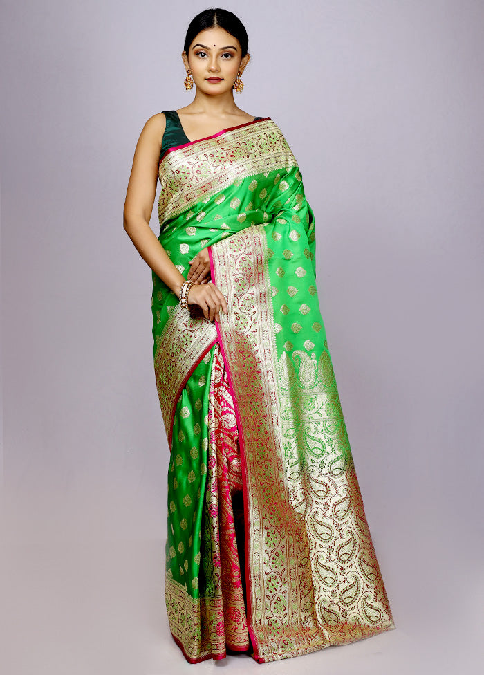 Green Banarasi Patli Pallu Silk Saree With Blouse Piece - Indian Silk House Agencies