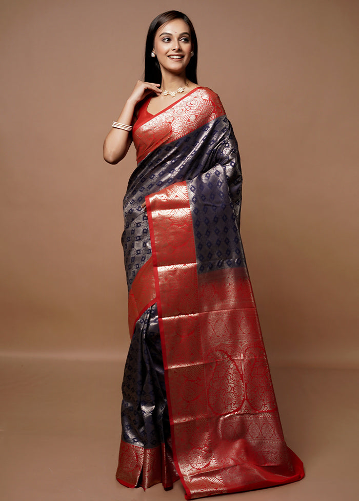 Blue Kanjivaram Silk Saree With Blouse Piece