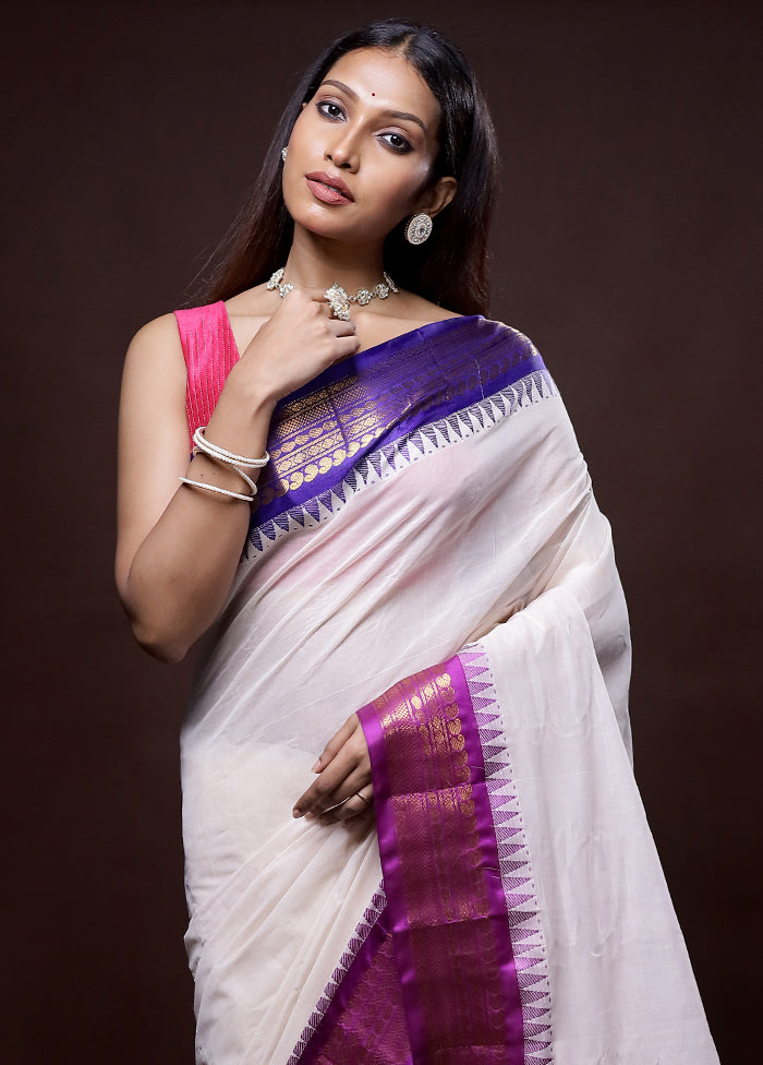 Cream Gadwal Silk Saree Without Blouse Piece - Indian Silk House Agencies