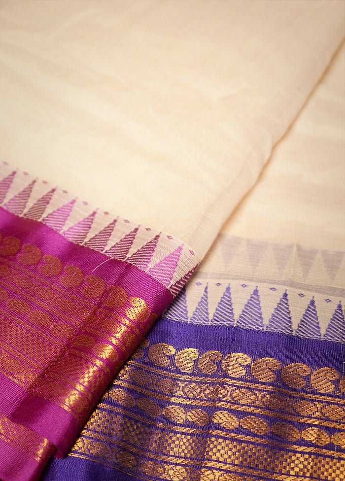 Cream Gadwal Silk Saree Without Blouse Piece - Indian Silk House Agencies