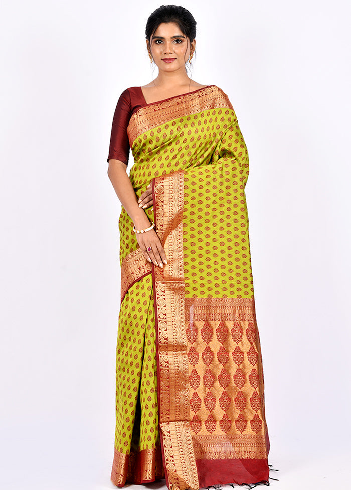 Lime Green Cotton Saree Without Blouse Piece - Indian Silk House Agencies