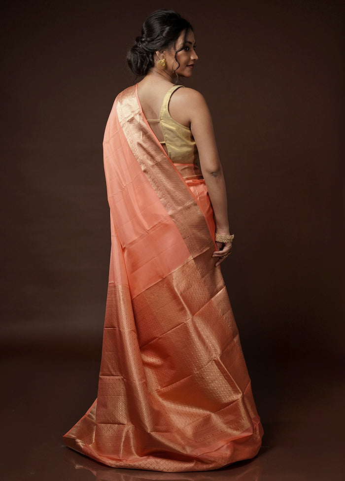 Peach Kanjivaram Pure Silk Saree With Blouse Piece - Indian Silk House Agencies