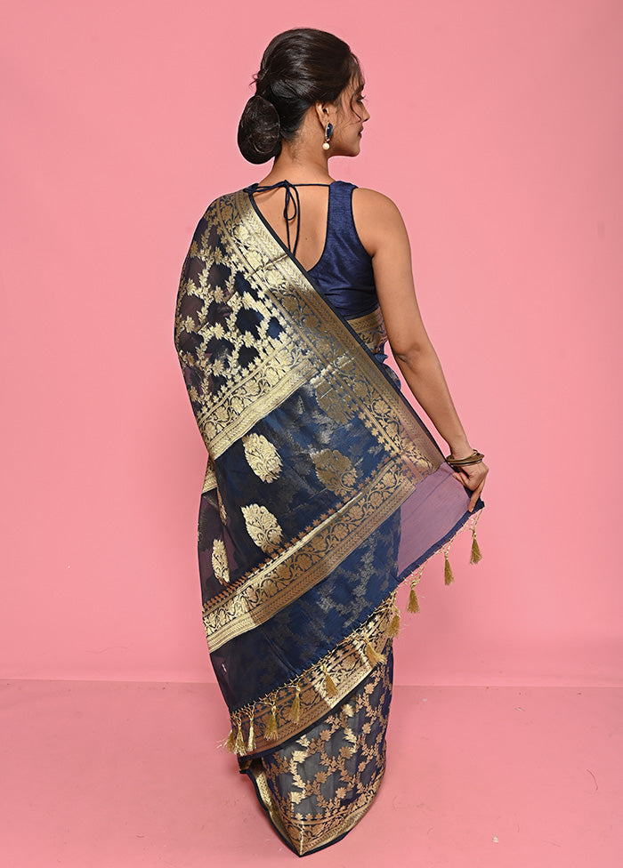 Blue Kora Silk Saree With Blouse Piece - Indian Silk House Agencies