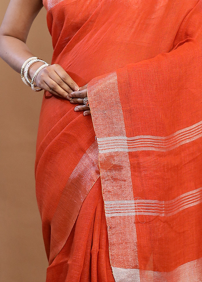 Rust Linen Silk Saree With Blouse Piece - Indian Silk House Agencies