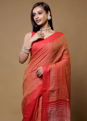 Rust Linen Silk Saree With Blouse Piece