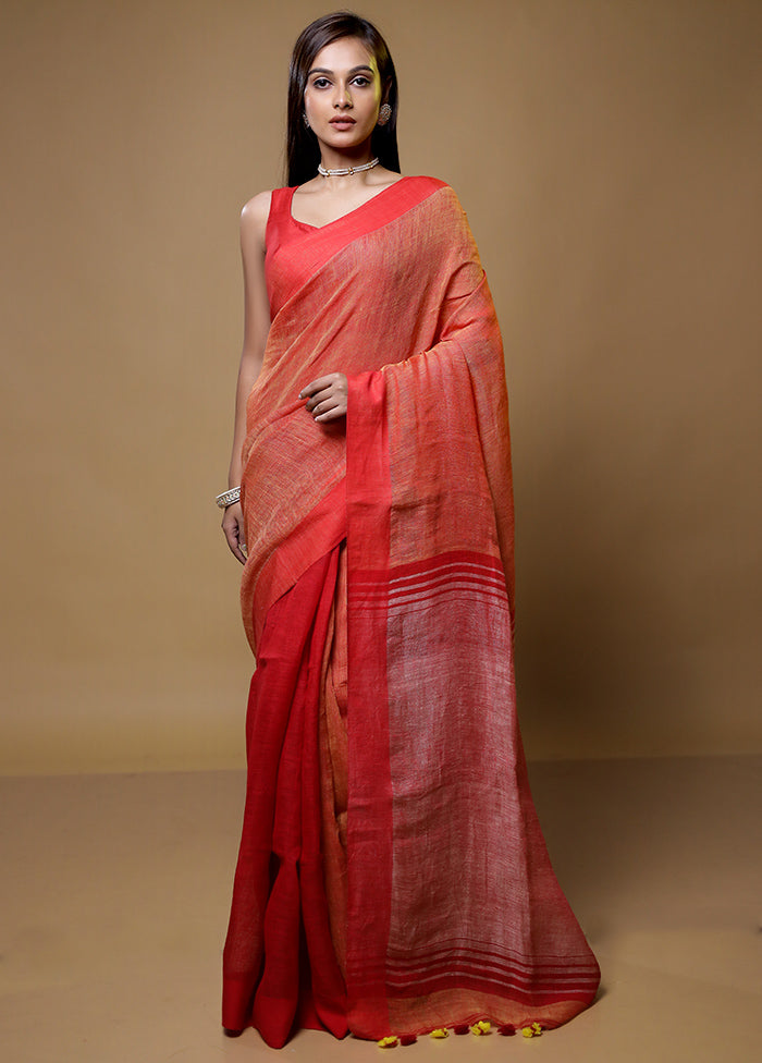 Rust Linen Silk Saree With Blouse Piece