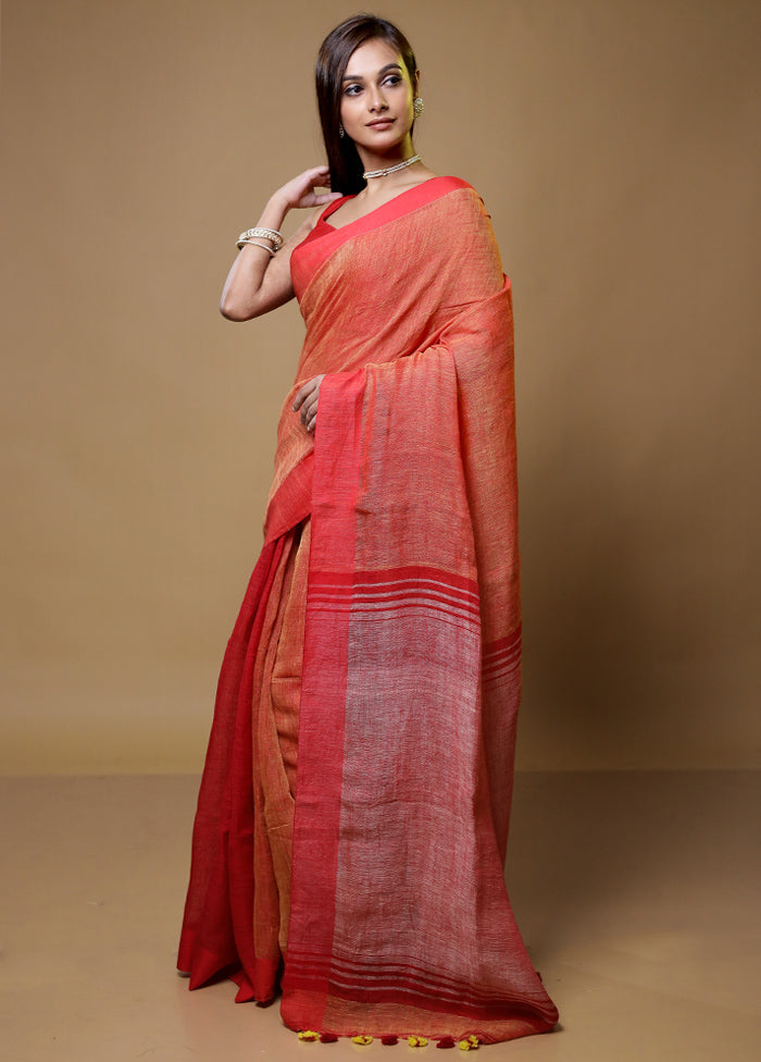 Rust Linen Silk Saree With Blouse Piece