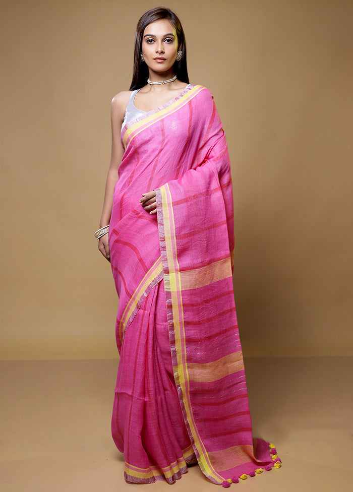 Pink Linen Silk Saree With Blouse Piece - Indian Silk House Agencies