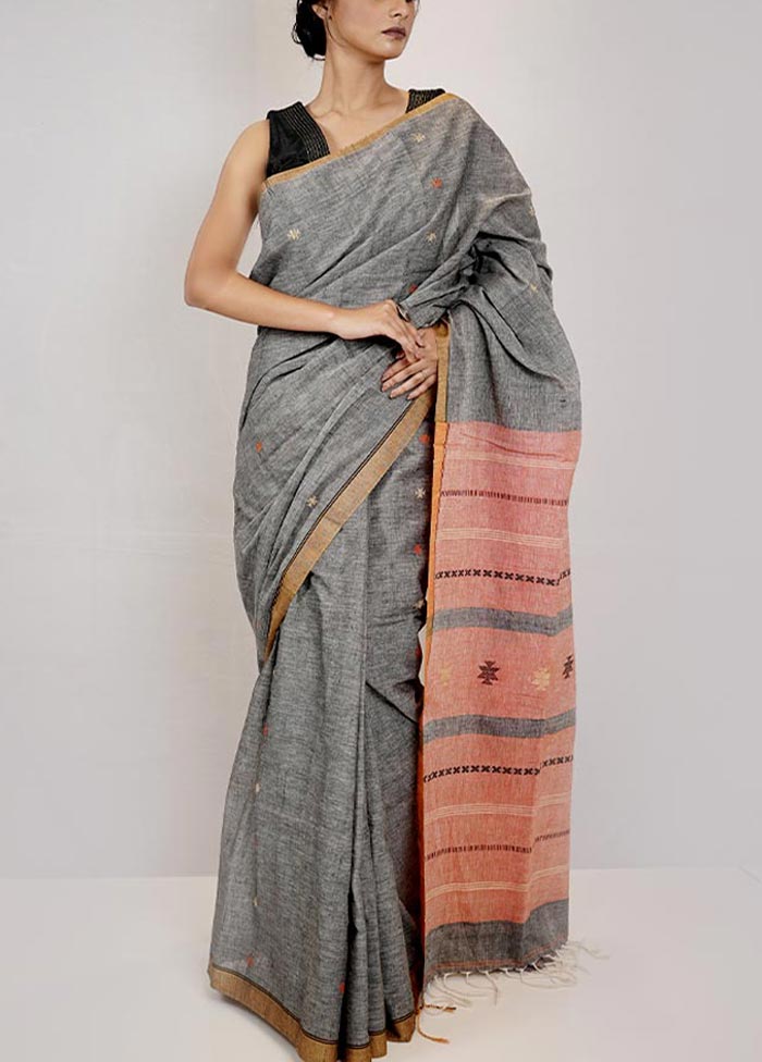 Grey Handloom Pure Cotton Saree With Blouse Piece - Indian Silk House Agencies