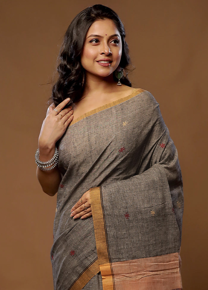 Grey Pure Cotton Saree With Blouse Piece - Indian Silk House Agencies