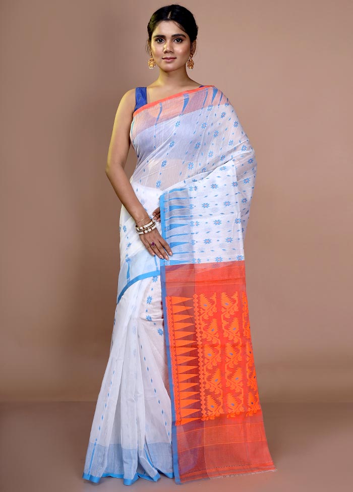 White Tant Jamdani Saree Without Blouse Piece - Indian Silk House Agencies