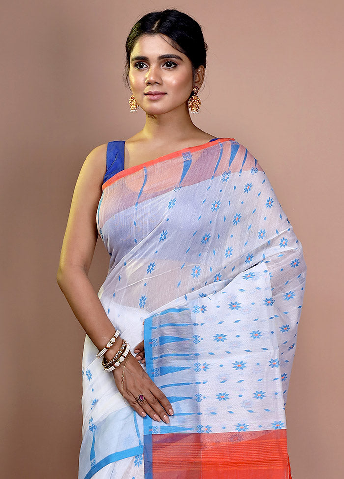 White Tant Jamdani Saree Without Blouse Piece - Indian Silk House Agencies