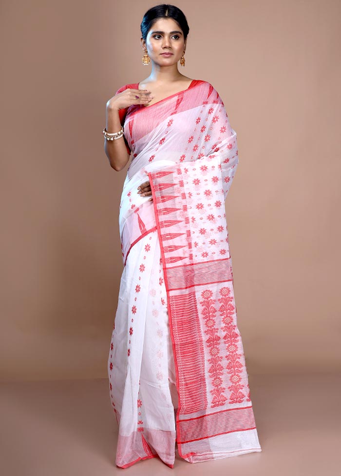 White Tant Jamdani Saree Without Blouse Piece - Indian Silk House Agencies