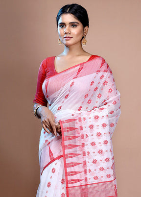 White Tant Jamdani Saree Without Blouse Piece - Indian Silk House Agencies