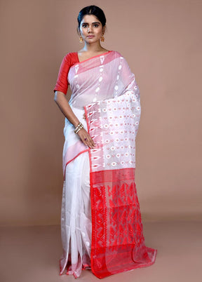 White Tant Jamdani Saree Without Blouse Piece - Indian Silk House Agencies