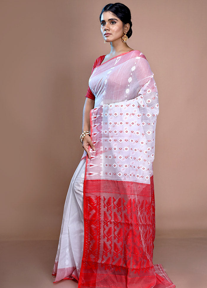 White Tant Jamdani Saree Without Blouse Piece - Indian Silk House Agencies