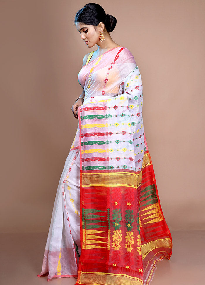 White Tant Jamdani Saree Without Blouse Piece - Indian Silk House Agencies